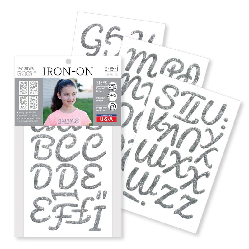 SEI S.E.I. 1.75-Inch Iron-on T-Shirt Letters  Pacifico Glitter Letter Heat Transfers  Silver - Image 1
